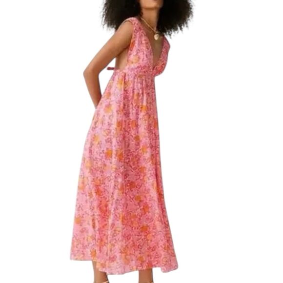 J Crew Dress WMNS M Pink Floral Plunge Cover up Limone Lightweight Open Back NEW - Picture 4 of 11